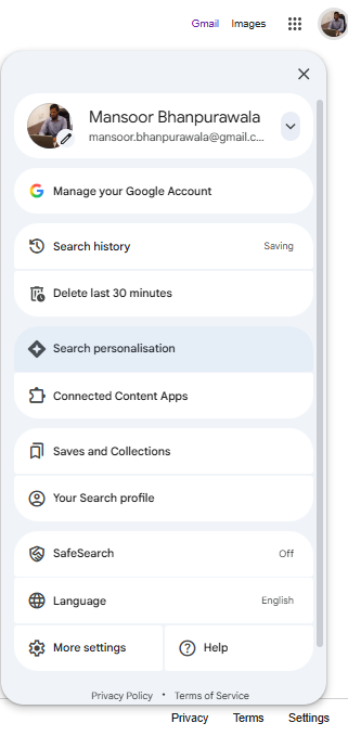 Google profile menu showing the Search personalisation option used to reach Source preferences