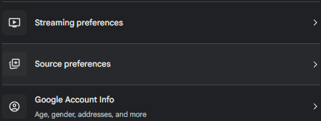 Search personalisation menu in Google with the Source preferences option highlighted among the settings